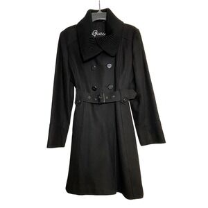 Guess Womens Black Wool Blend Double Breasted Belted Trench Coat XL Knit Collar